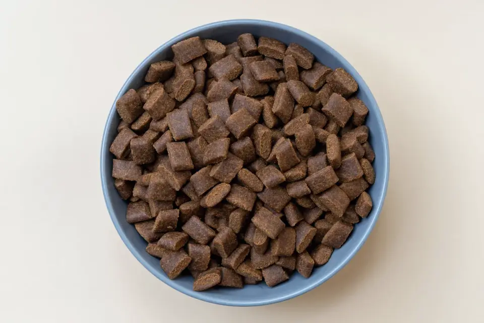 Dry dog food in a blue bowl